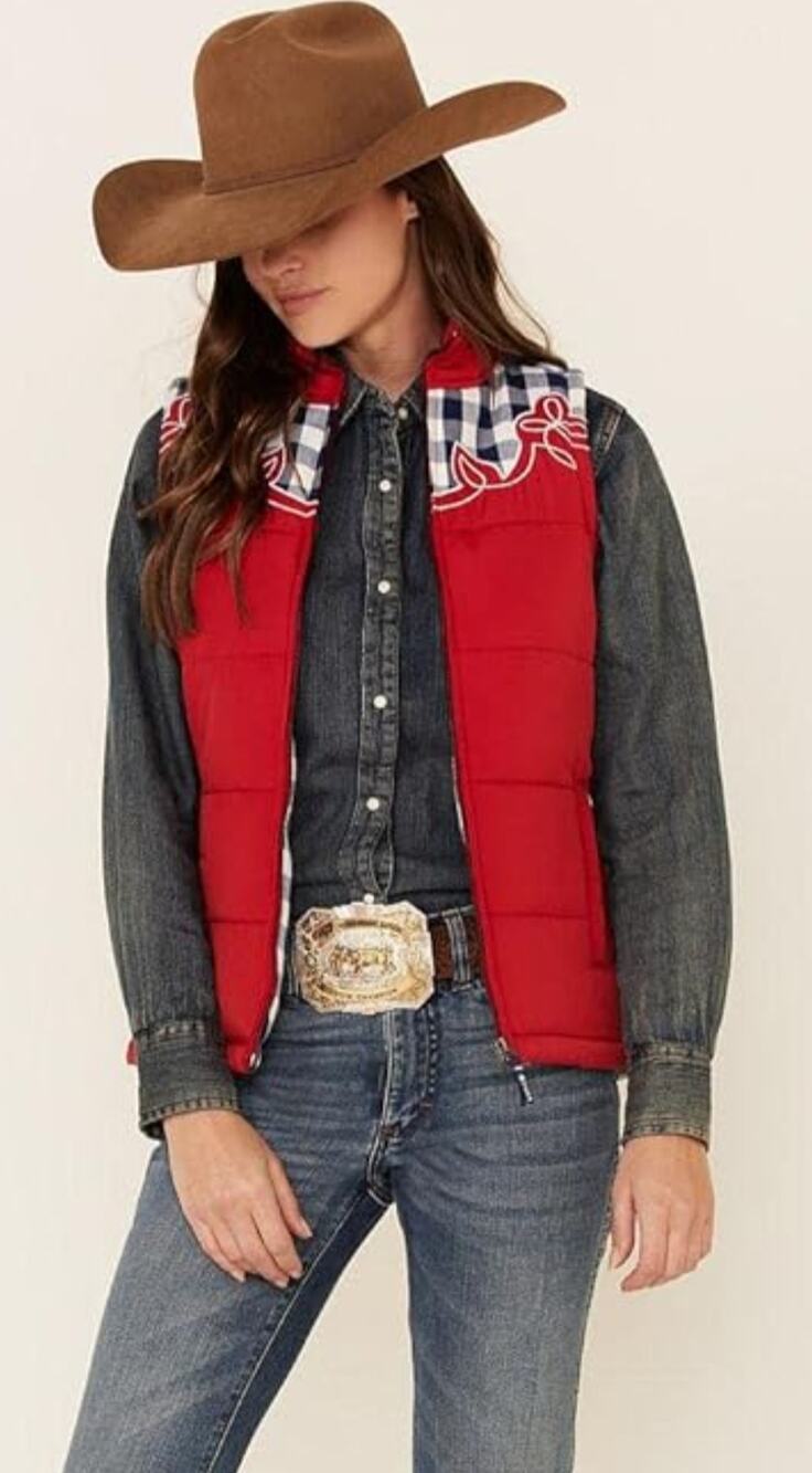 Cruel Denim red and blue buffalo plaid embroidered puffer vest Large Western